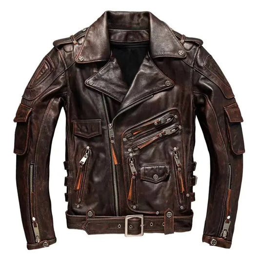 MEN'S GENUINE COWHIDE PREMIUM LEATHER MOTORCYCLE BIKER TOP LEATHER JACKET BROWN