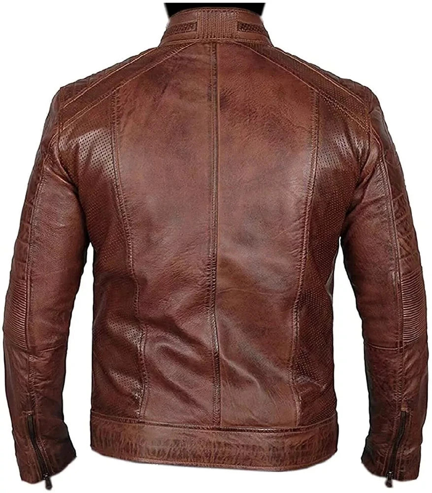Treva Cafe Racer Men's Biker Leather Jacket Brown Cognac Soft Sheep Skin Leather