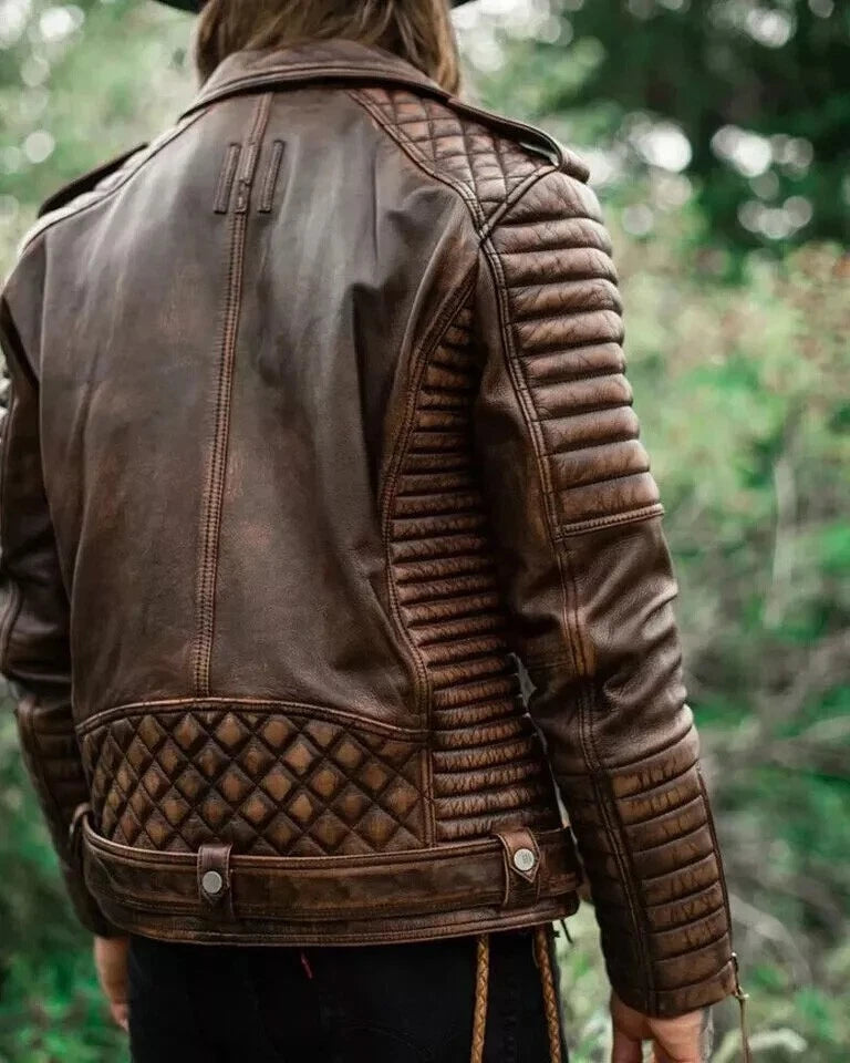 Quilted Slim Fit Motorcycle Biker Jacket Men's Black Genuine Sheepskin Leather