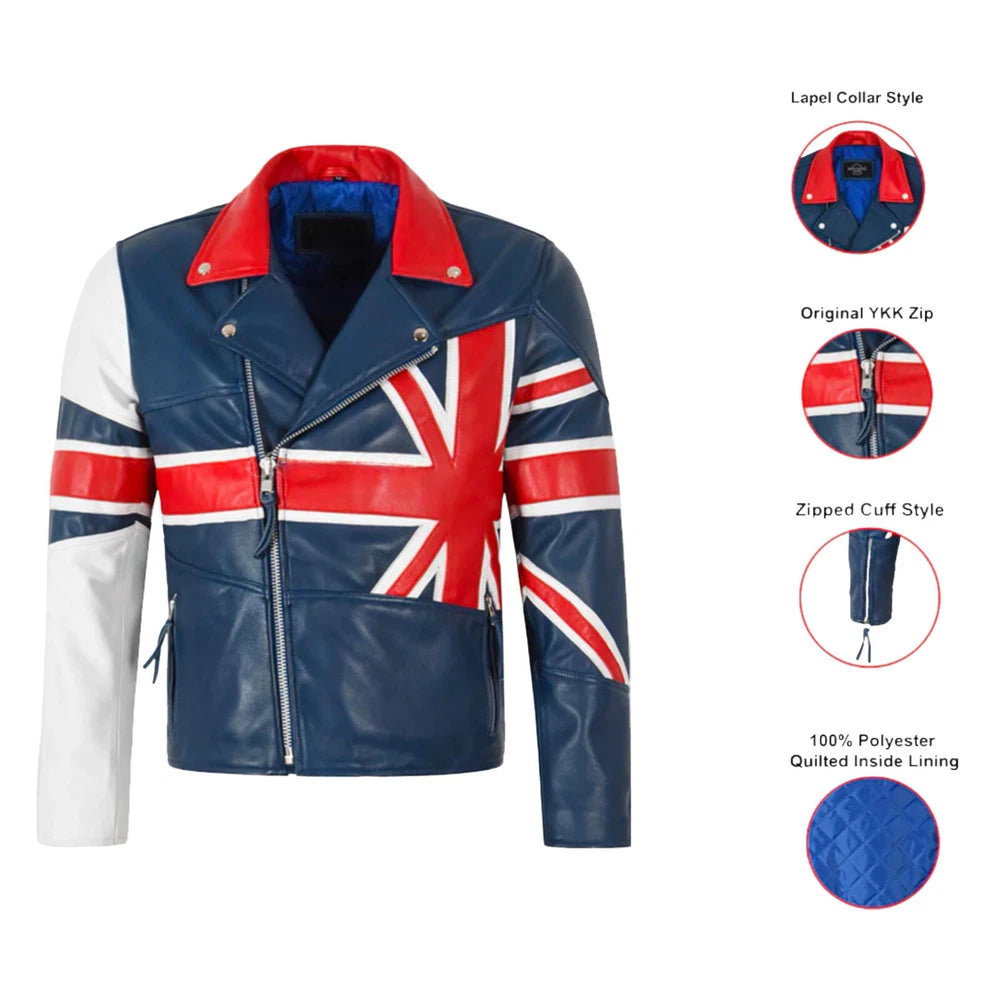 Men's Cowhide Leather Biker Jacket – British Flag Edition - Ykk Zip - BEST SELL