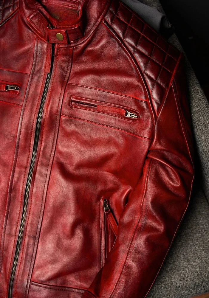 Men's Vintage Style Burgundy Red Leather Jacket | Men's Diamond Quilted Jacket