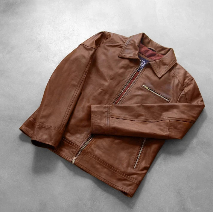 HANDMADE MEN'S GENUINE COWHIDE SLIM FIT LEATHER JACKET - CLASSIC BROWN ANTIQUE
