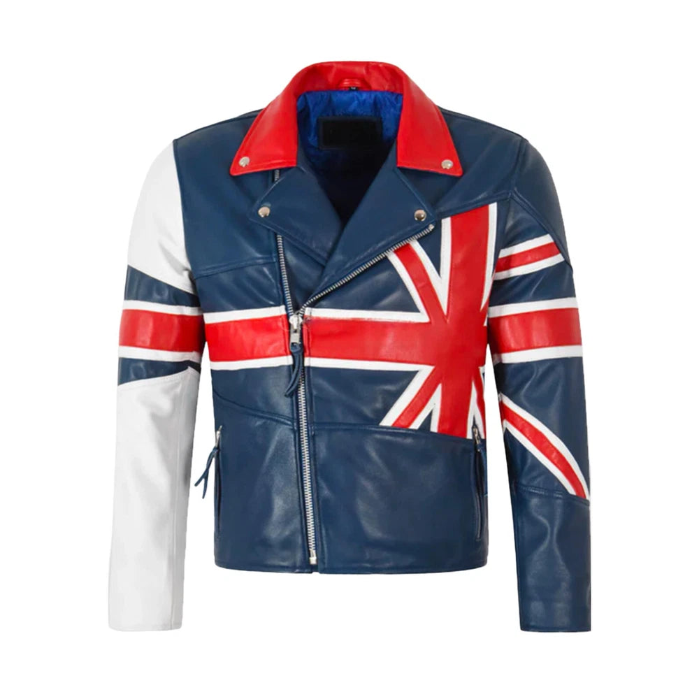 Men's Cowhide Leather Biker Jacket – British Flag Edition - Ykk Zip - BEST SELL