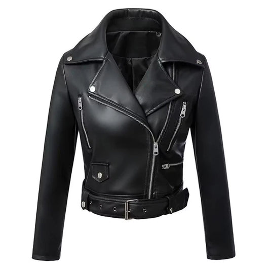WoMen's Moto Biker Black PU Faux Leather Jacket | Spring Autumn Streetwear