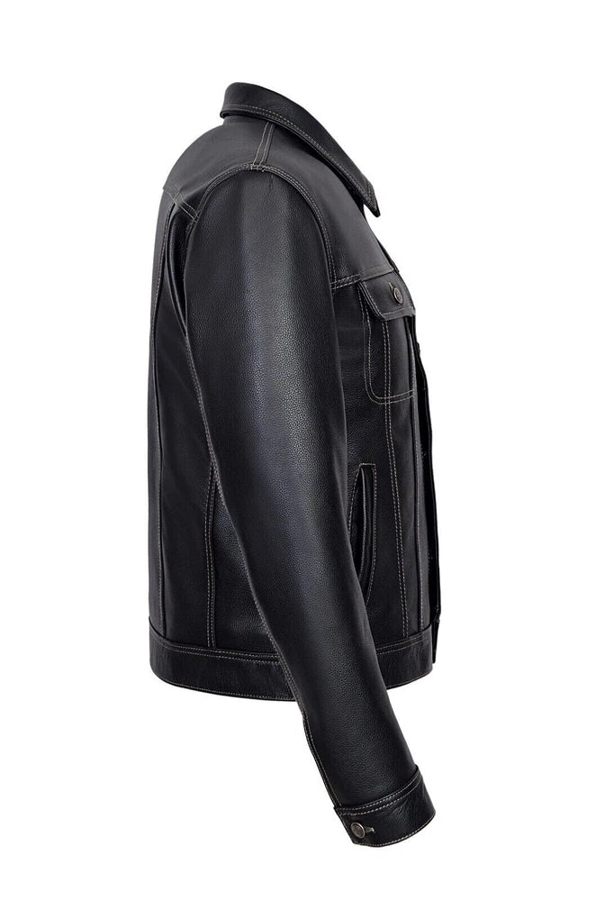 MEN'S TRUCKER LEATHER JACKET - BLACK CLASSIC SHIRT STYLE WESTERN COWHIDE LEATHER