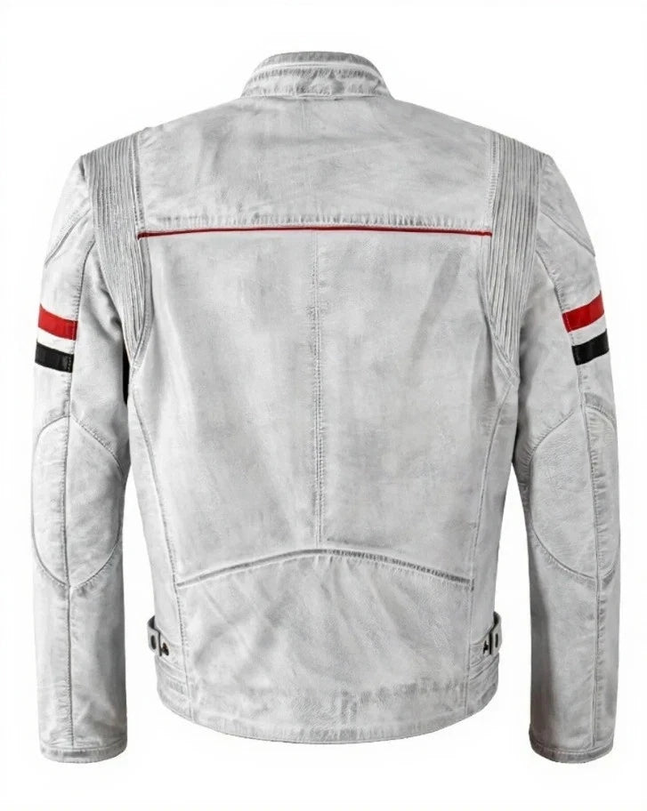 Mens Cafe Racer Vintage White Biker Red Black Stripes Real Leather Jacket 5033