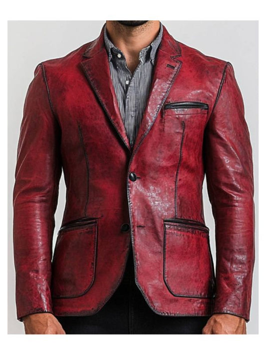 Theo Red Leather Blazer - Leather Blazer for Men Red