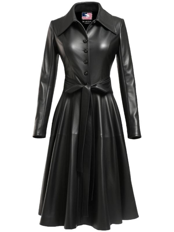 Women’s Black Leather Long Coat – Elegant Long Leather Outerwear