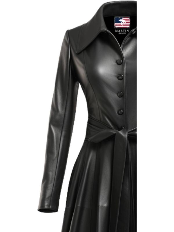 Women’s Black Leather Long Coat – Elegant Long Leather Outerwear