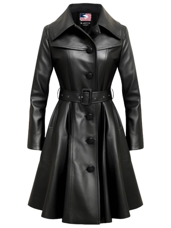 Women Black Real Long Leather Coat
