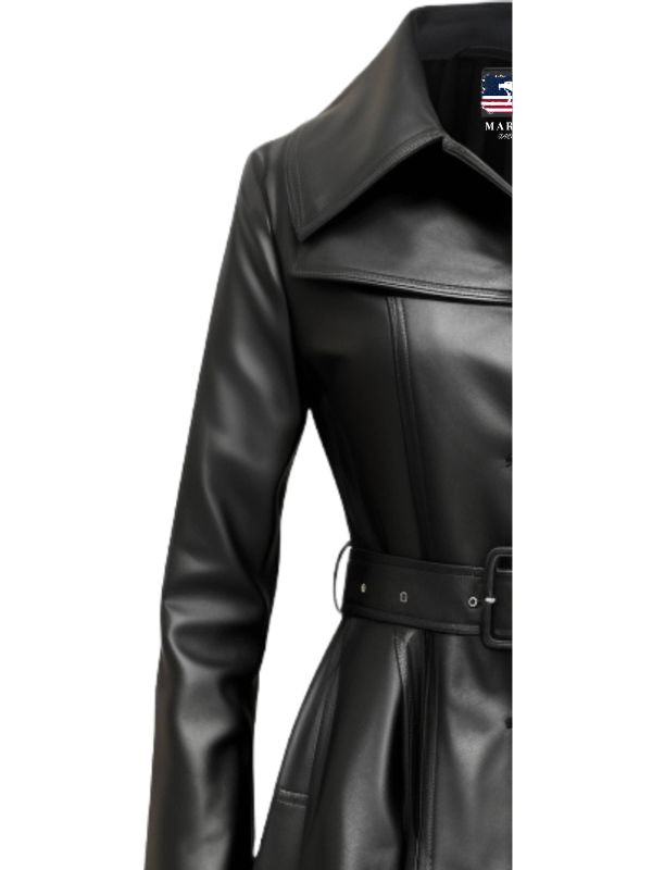 Women Black Real Long Leather Coat